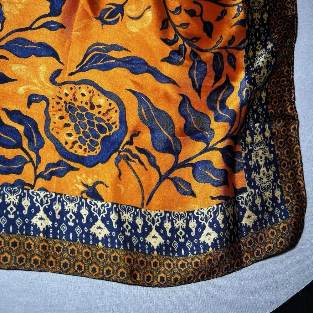 boho chic floral satin square scarf features a vibrant orange base, silky, purse